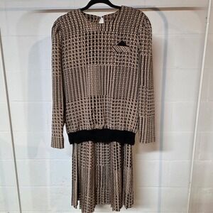 Vintage 80s REO Originals Houndstooth Long Sleeve Blouse Pleated Skirt Set Sz 12